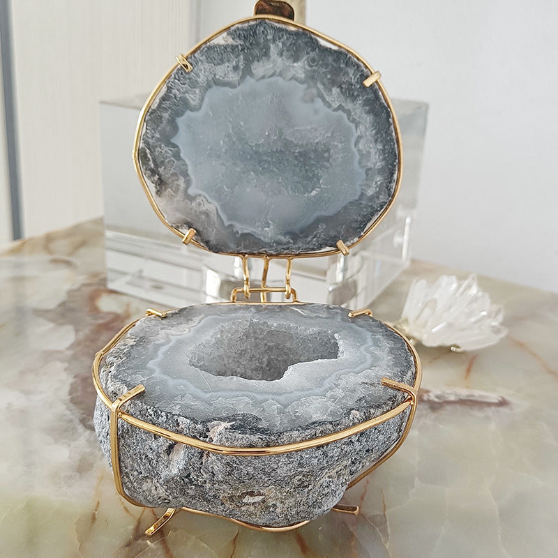 Natural Crystal Agate Geode Cornucopia Jewelry Box Ornament for Ladies