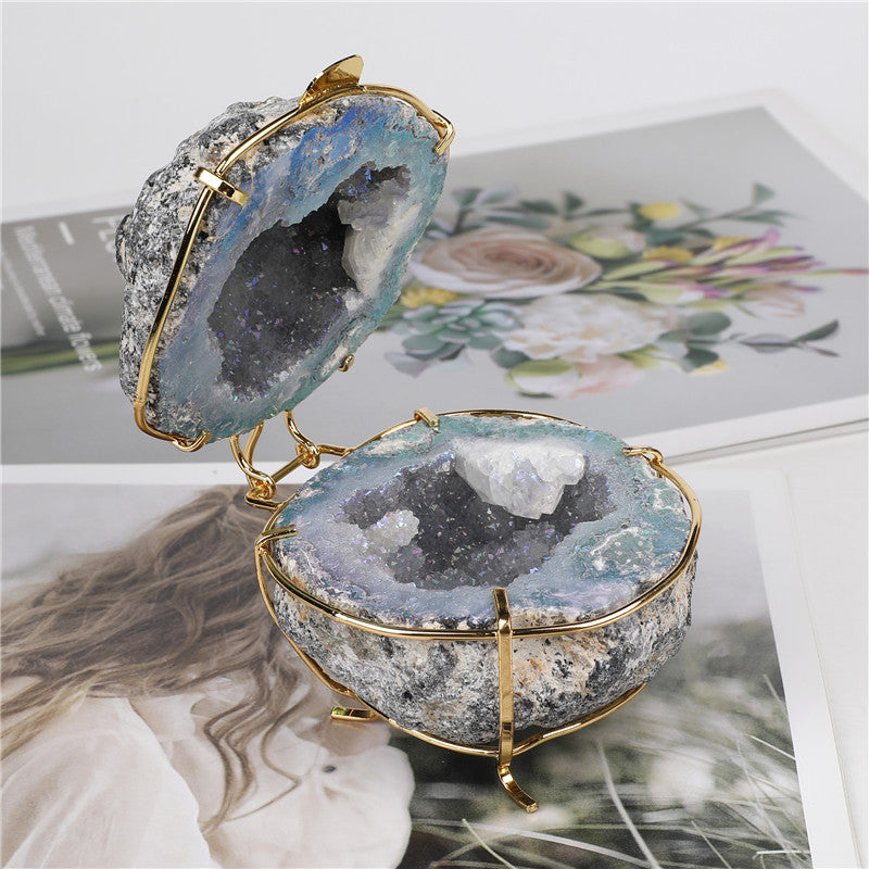 Natural Crystal Agate Geode Cornucopia Jewelry Box Ornament for Ladies